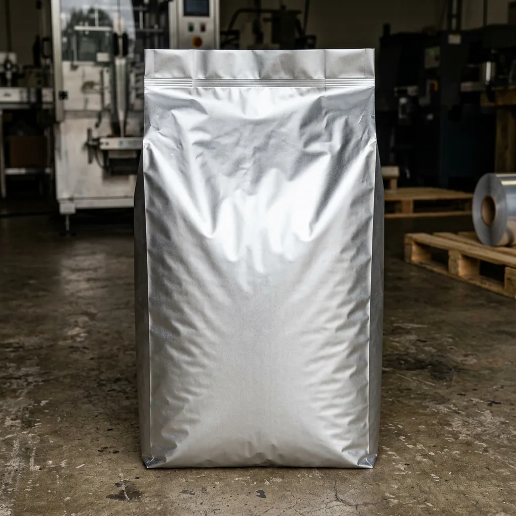 Five-layer aluminium laminate liner standing filled on a factory floor