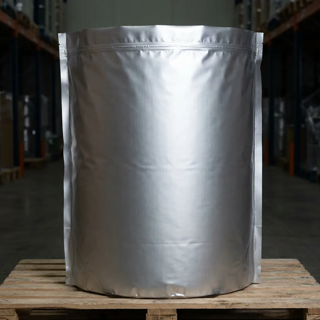 Aluminium barrier drum liner, filled and standing on a pallet