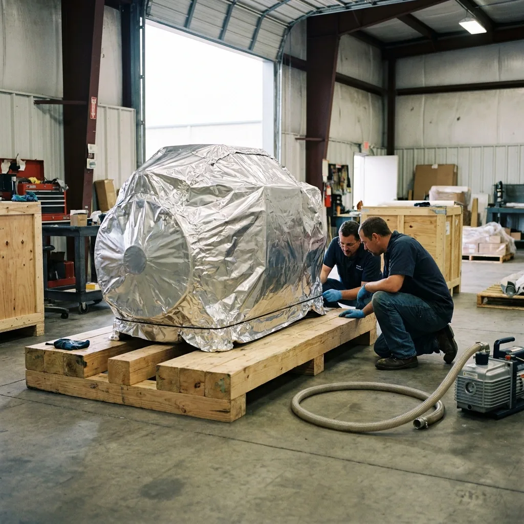 Technicians drawing vacuum on an aluminium laminate cover around a motor before shipment