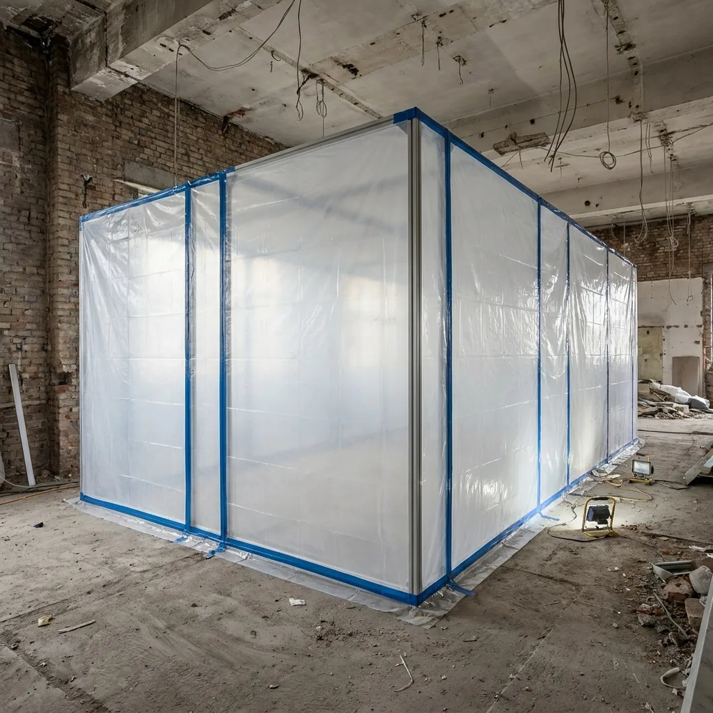 Sealed polythene containment enclosure erected inside a stripped building