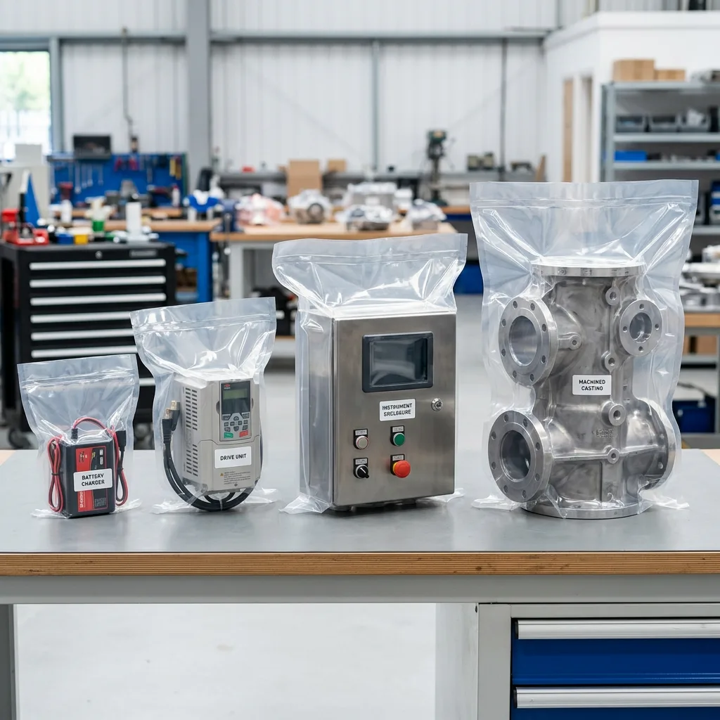 Chargers, control boxes and castings sealed in individual protective bags on a packing bench