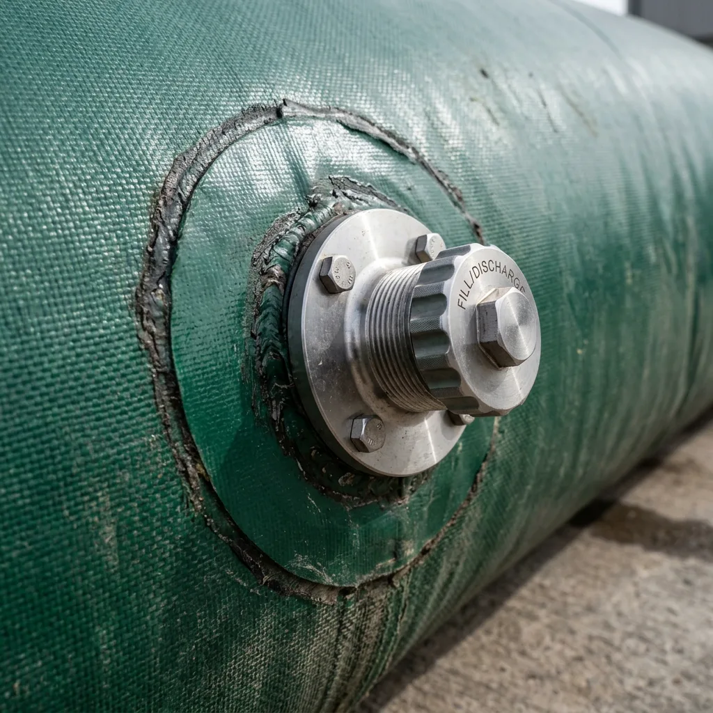 Bolted flange fitting welded into the wall of a collapsible bladder tank