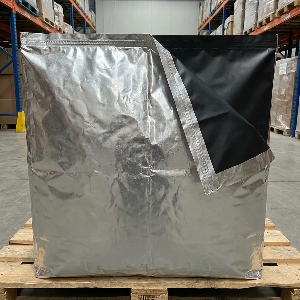 Conductive aluminium liner in a bulk bag with its dissipative layer visible at the neck