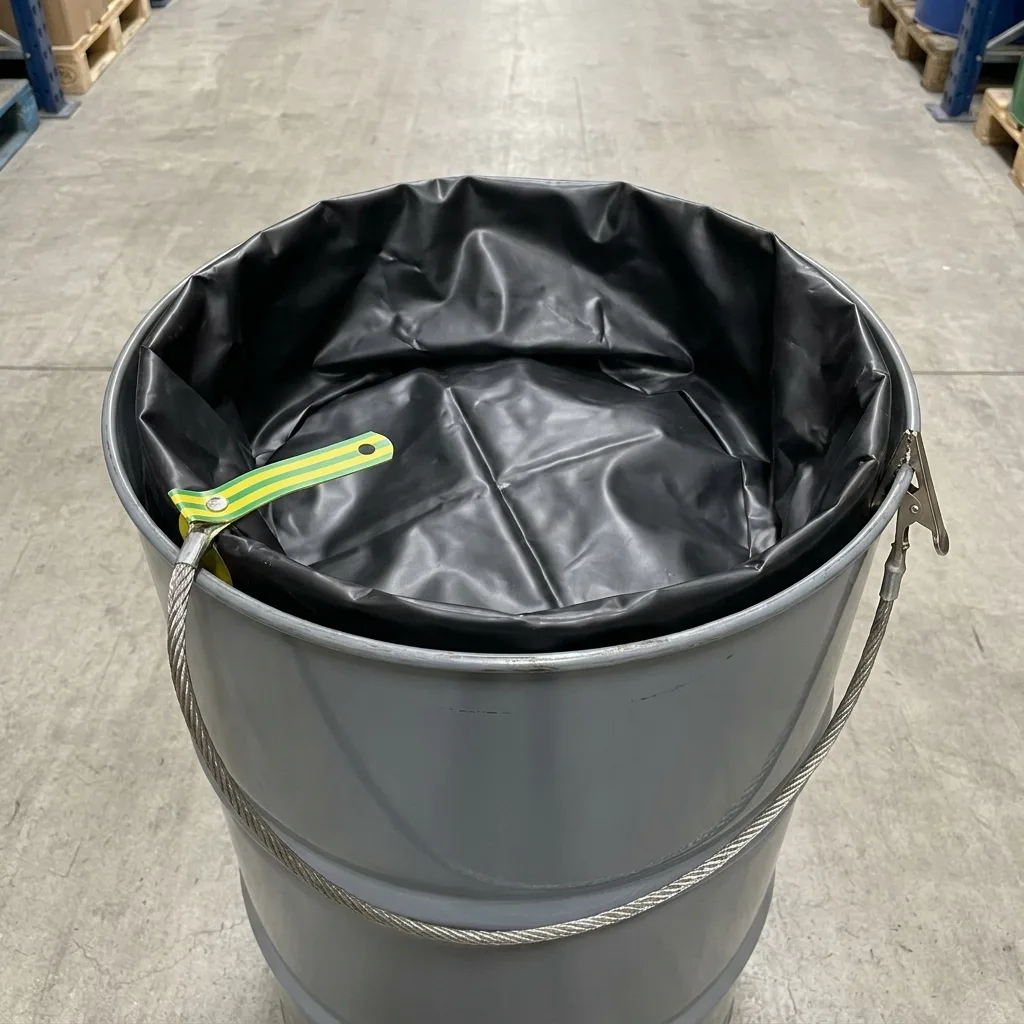 Black conductive drum liner in a steel drum with an earthing clamp attached to the bonding cable