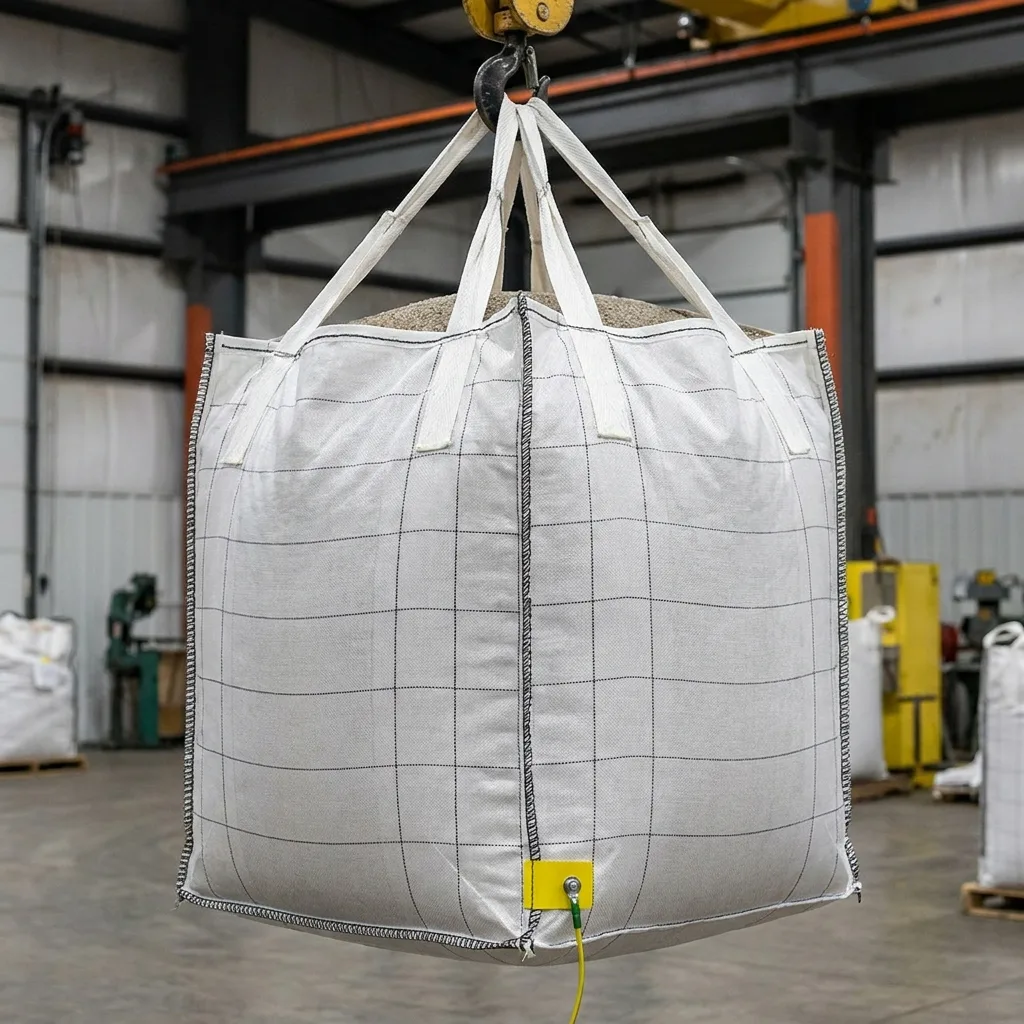 Type C conductive FIBC suspended on a crane with an earth lead clipped to its bonding point