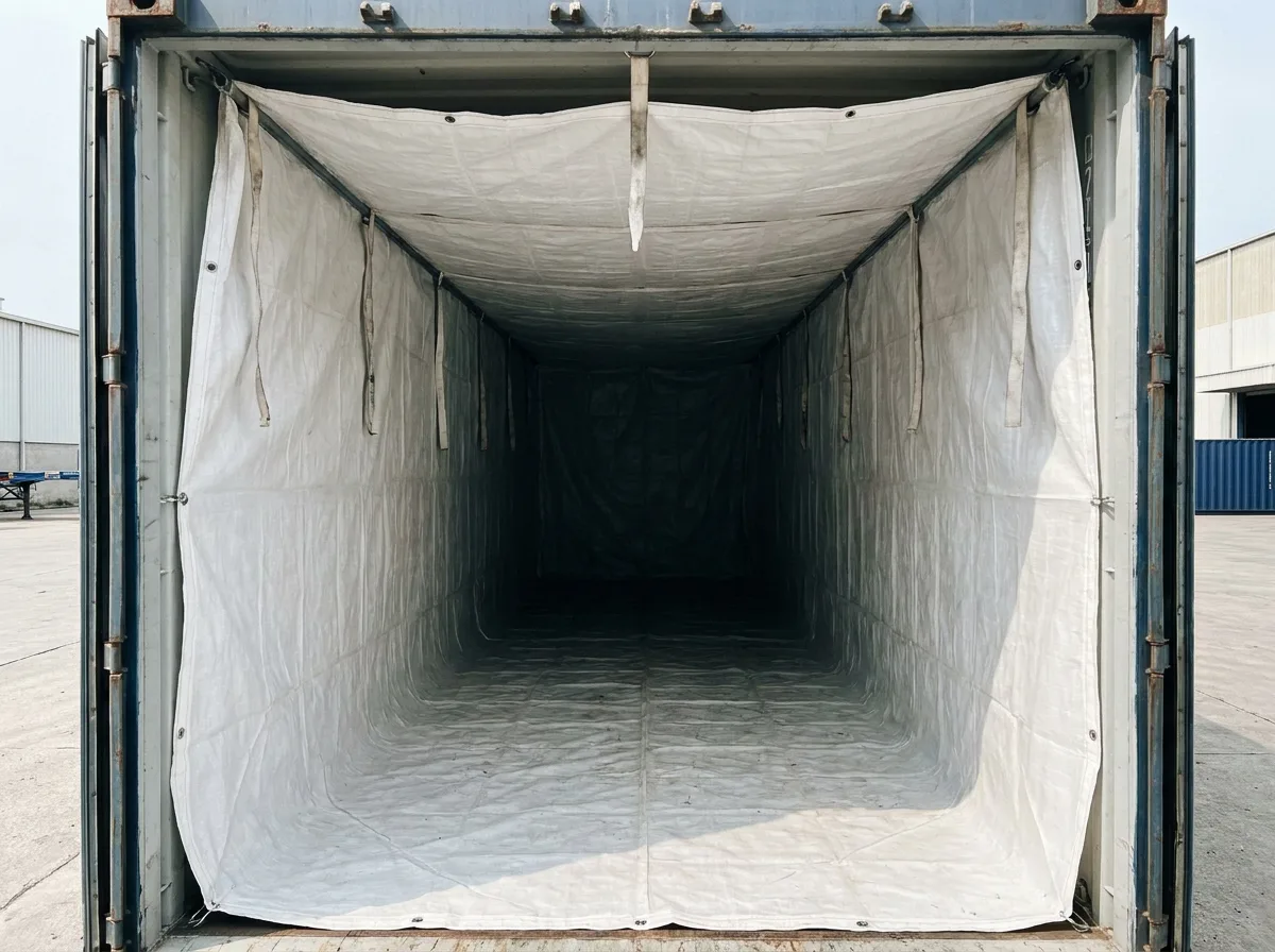 Woven polypropylene container liner fitted inside an empty shipping container, seen from the open doors