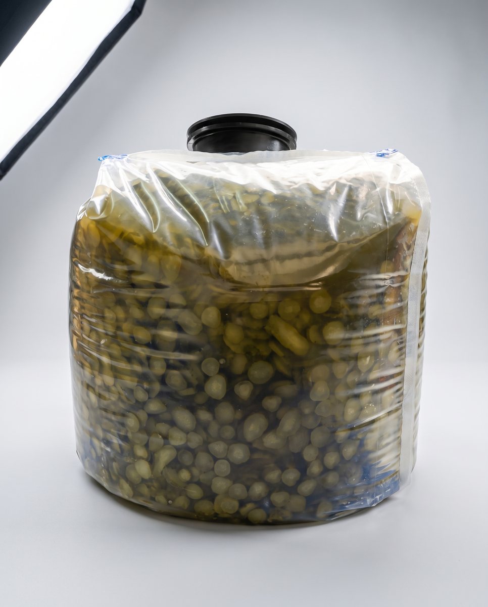 Round drum liner filled with green olives, its black screw-cap dispensing spout fitted at the top