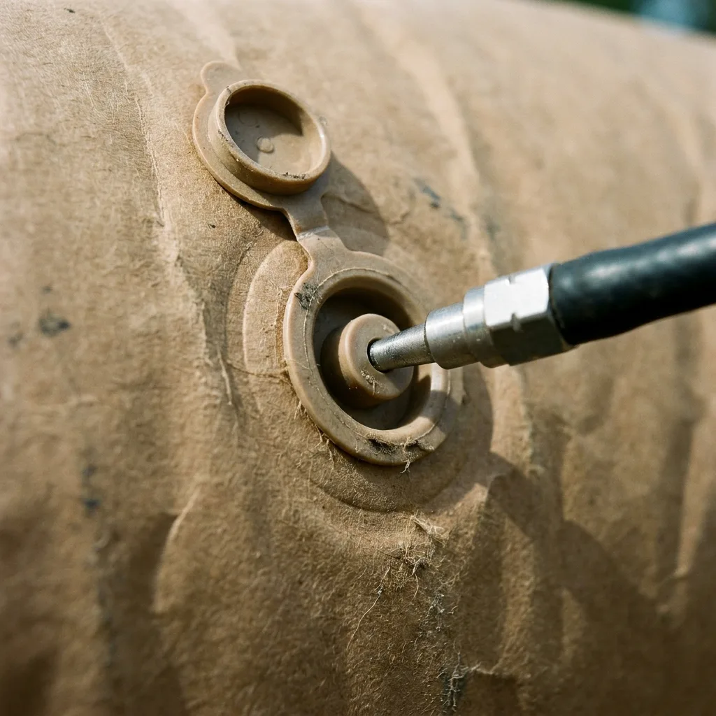 Inflator nozzle in the valve of a kraft dunnage bag