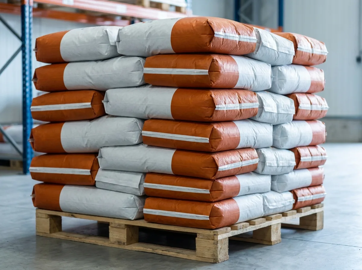 Pallet of filled 25 kg sacks stacked six layers high and interlocked in a warehouse