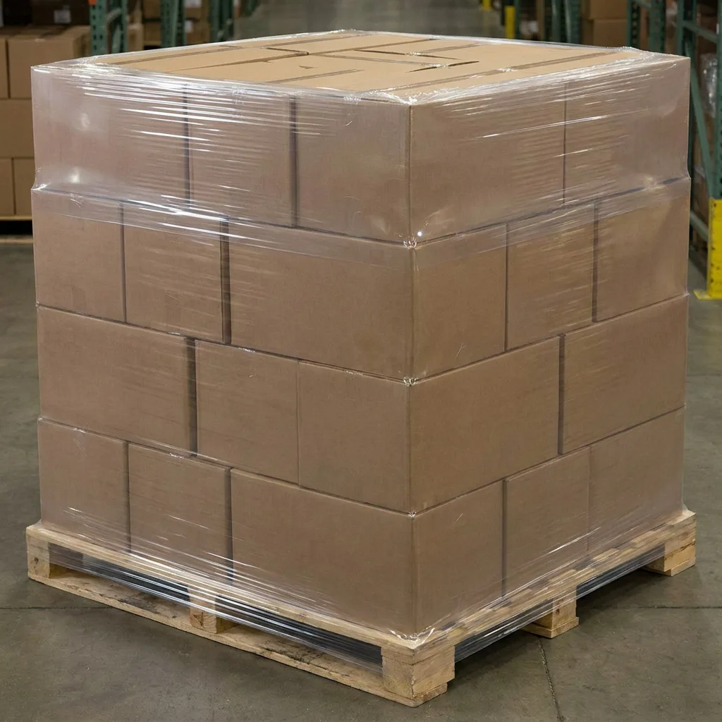 Pallet of cartons under a clear LDPE hood