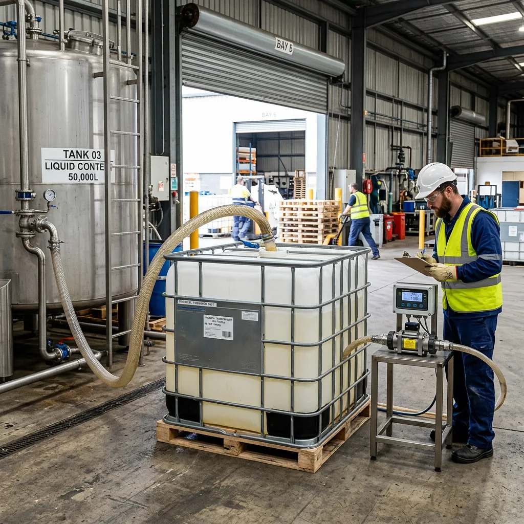 Operator filling a liquid container from a bulk storage tank through a transfer hose