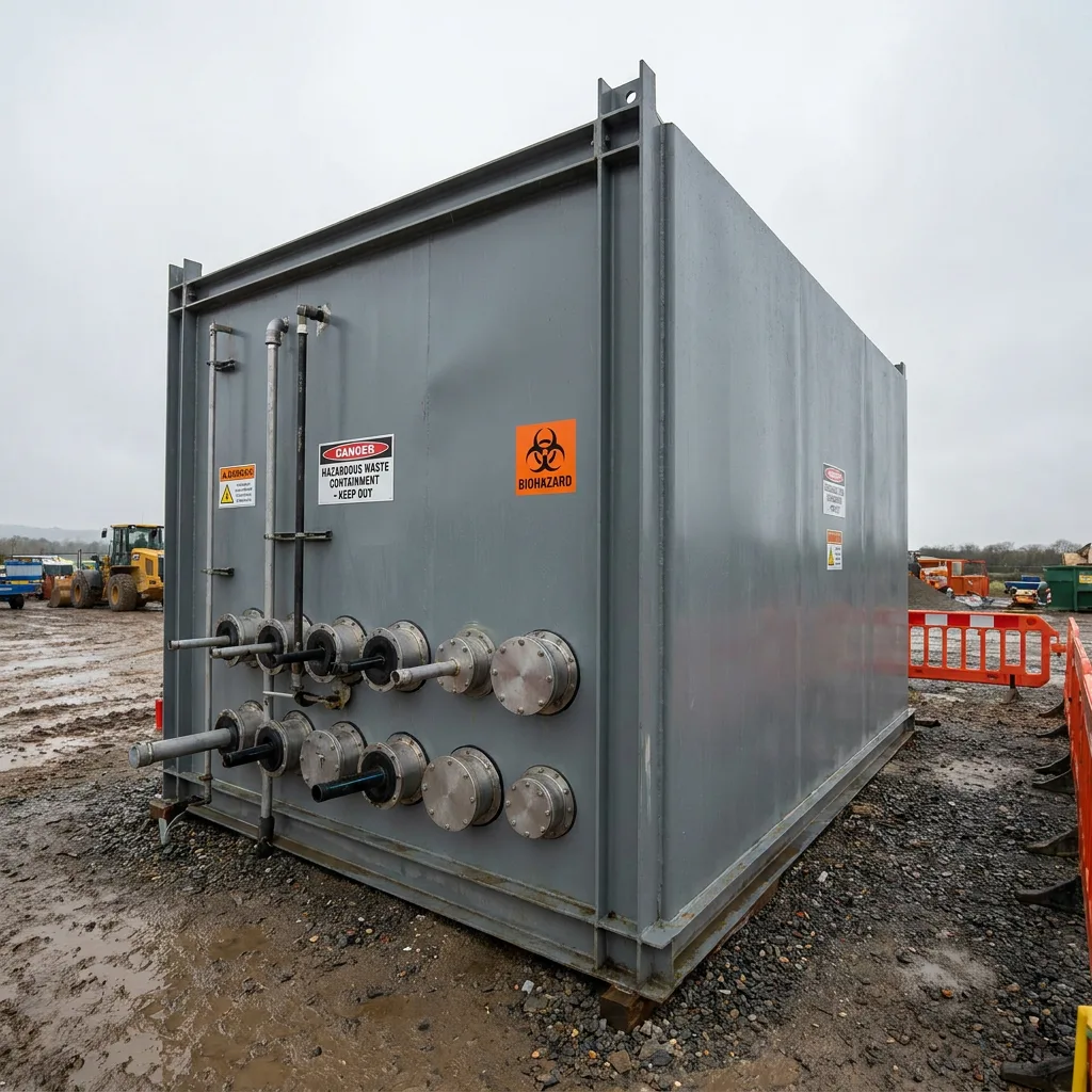 Sealed containment unit labelled for hazardous waste on a site
