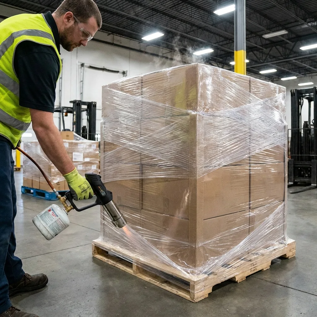 Operator shrinking a hood onto a pallet of cartons with a gas gun