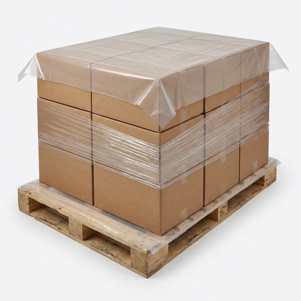 Clear top sheet laid over a pallet of cartons