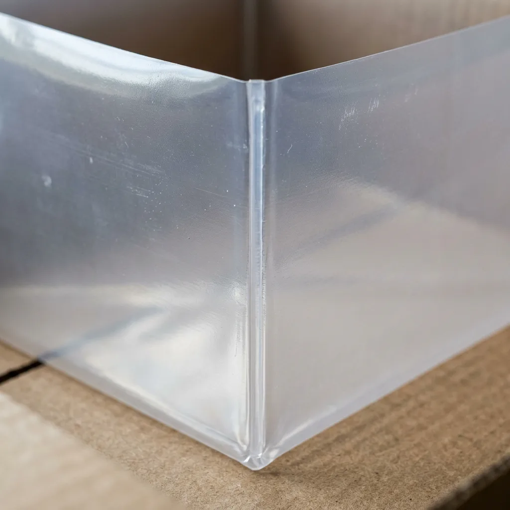 Corner of a box-type polyethylene liner, welded to hold a square shape