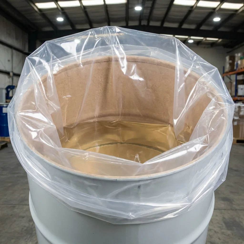 Clear PVC drum liner cuffed over the rim of a fibre drum