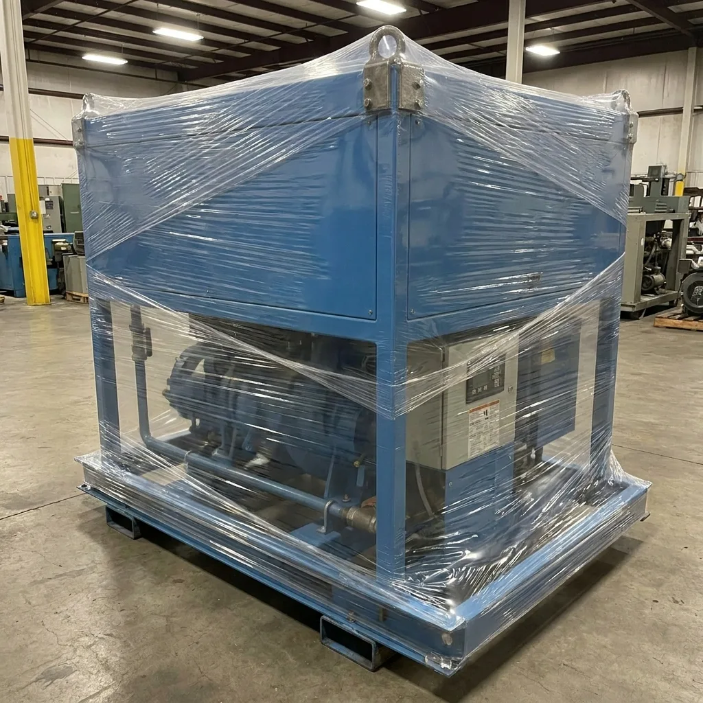 Screw compressor sealed in a protective cover on its skid