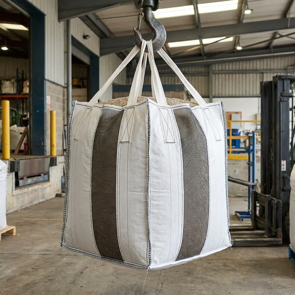 FIBC with air-releasing vent panels lifted on a crane hook at a loading bay