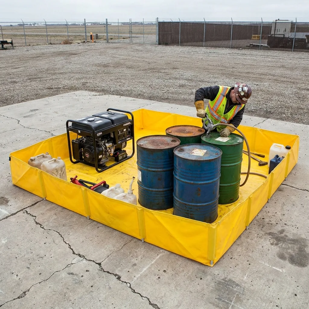 Yellow flexible bund holding drums and a generator on a hardstanding