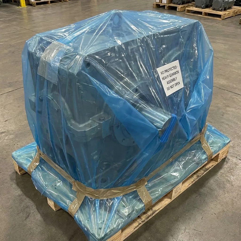 Machine sealed in a blue VCI cover on its pallet with a do-not-open label