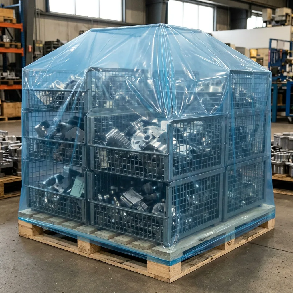 Stillage of steel components under a blue VCI cover