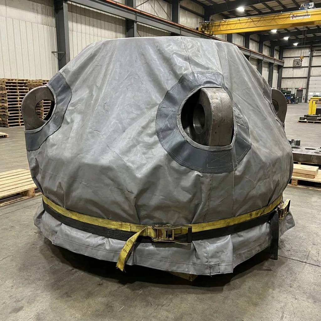 Turbine component under a fitted cover with an opening left for the shaft