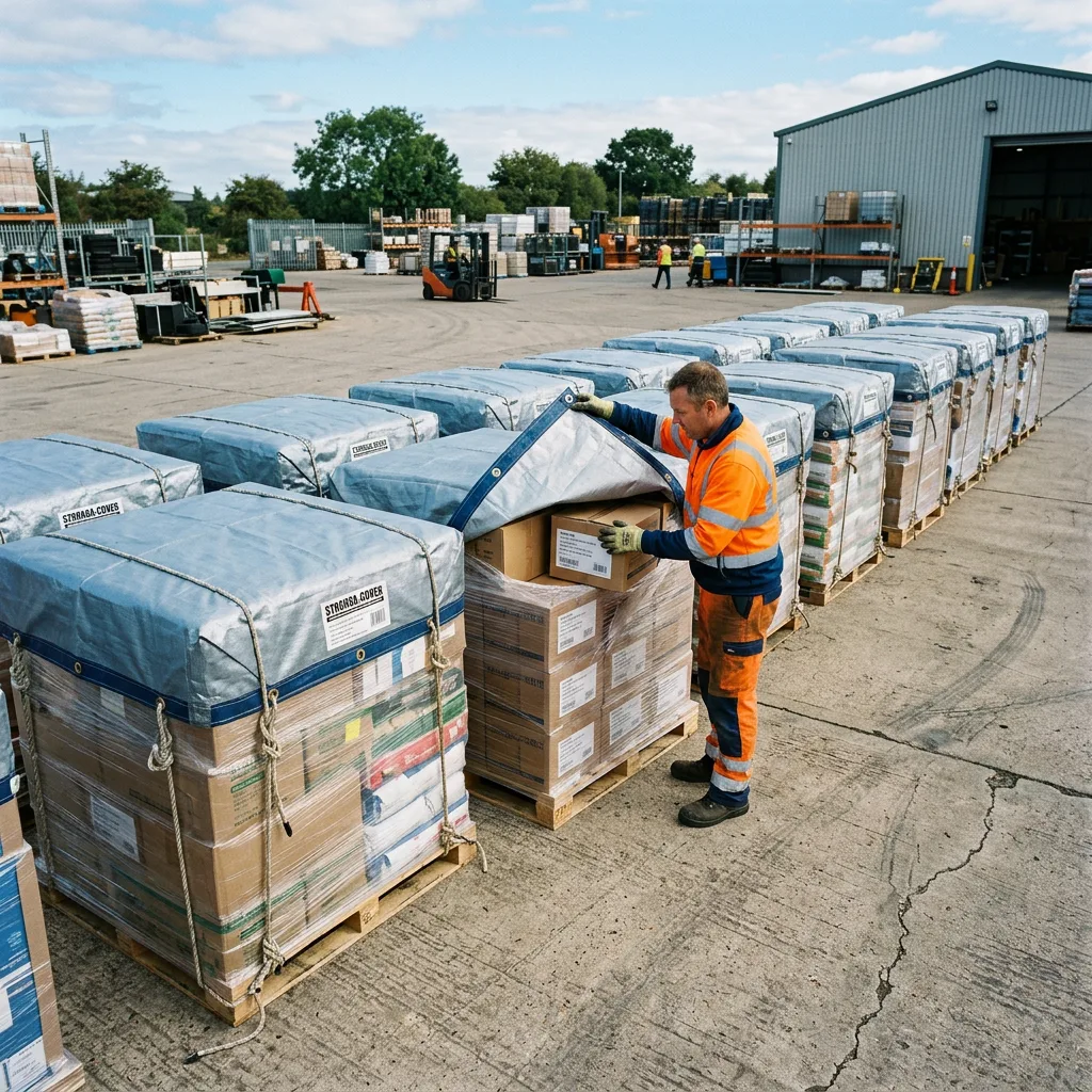 Woven laminated covers over palletised loads standing in an outdoor yard